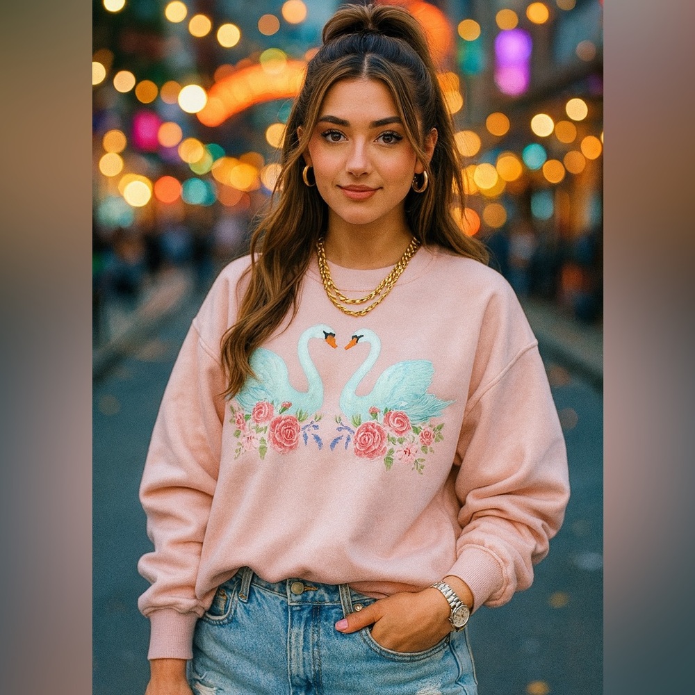 Viral Goodie Two Sleeves Heart Swan Embroidered Romantic Pink SweatShirt Large